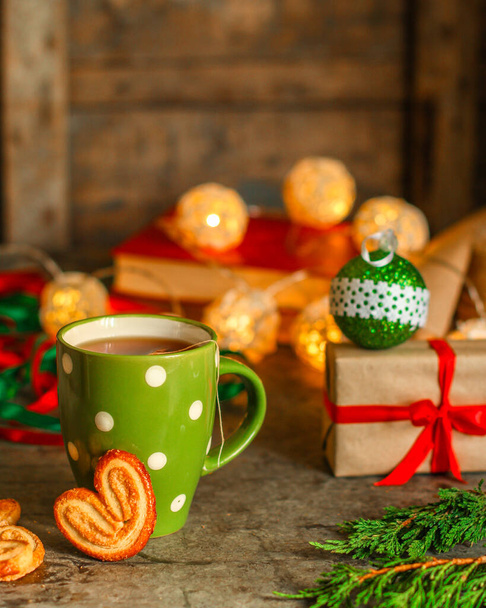 close up cup of tea on christmas background - Zdjęcie, obraz