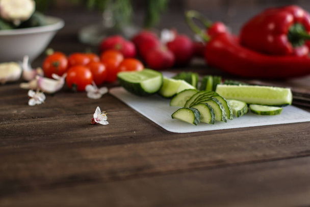 fresh seasonal  vegetables on wooden background - Фото, изображение