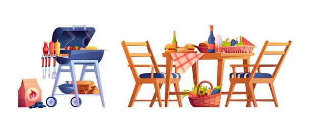 Piquenique servido mesa, bbq alimentos e bebidas, cesta - Vetor, Imagem