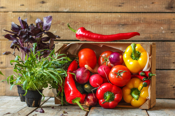 fresh ripe vegetables on wooden background - Photo, Image