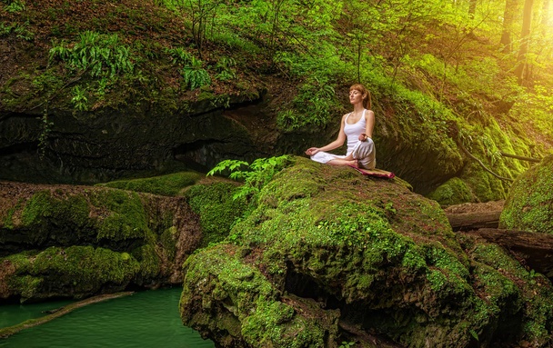 vrouw ontspanning in bos - Foto, afbeelding