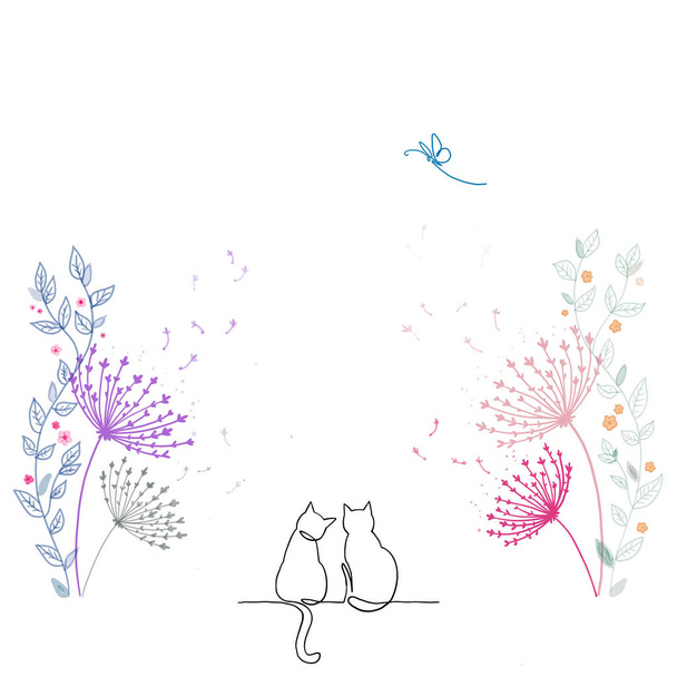 Desenhos animados linha de mão livre desenho Gatos, amantes e flores de grama na primavera - Foto, Imagem