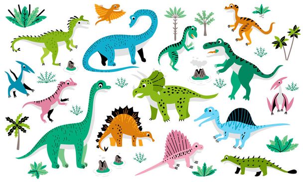 Dětský plakát s roztomilou plochou dinosauří sadou - Vektor, obrázek