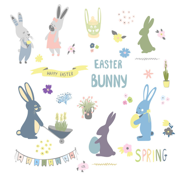 Funny set with Easter bunnies, inscriptions, flowers, garland flag. Vector illustration is well suited for stickers, postcards. - Vector, Image