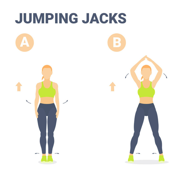 Jumping Jacks Feminino Home Treino Exercício Orientação Ilustração vetorial colorido. - Vetor, Imagem