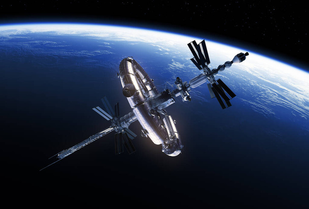 Groot ruimtestation rond de Blauwe Planeet Aarde - Foto, afbeelding