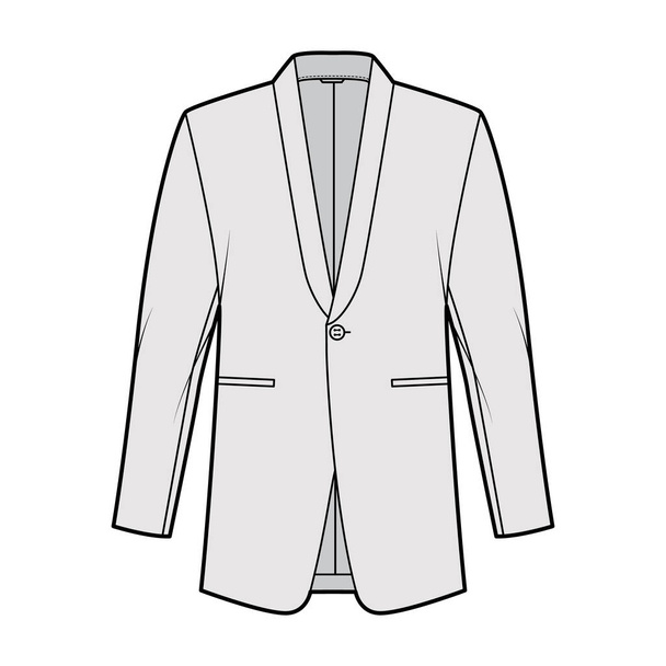 Bunda ve smokingovém obleku technická módní ilustrace s dlouhými rukávy, límec na klopě šálu, kapsa, pravidelný střih - Vektor, obrázek