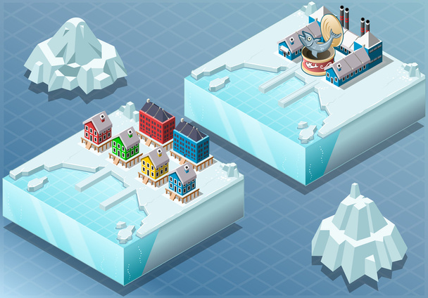 Isometric Arctic Town and Fish Canning Factory - Vector, Image