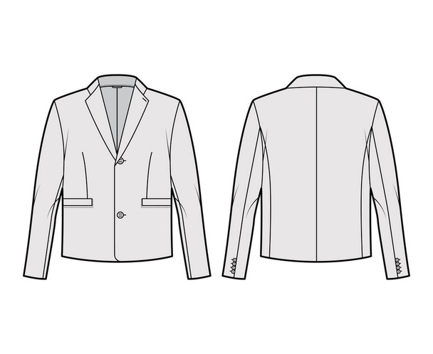 Single breasted jacket suit technical fashion illustration with long sleeves, notched lapel collar, flap welt pockets. - Vector, Image