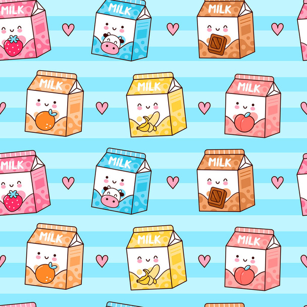 Cute funny happy flavored milk box and hearts seamless pattern. Vector kawaii cartoon illustration icon design. Cute milk with different flavors seamless pattern concept - Vector, Image