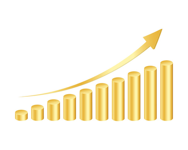 Gráfico de barras de cilindros dorados con flecha ascendente aislada sobre fondo blanco. Símbolo de crecimiento. Columna gráfica para la infografía estadística de finanzas. Ilustración vectorial - Vector, imagen