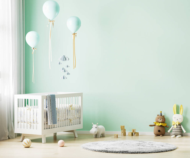 Green nursery room interior background with baby bedding, toys, balloons, nursery mock up, kids room interior, 3d rendering - Photo, Image