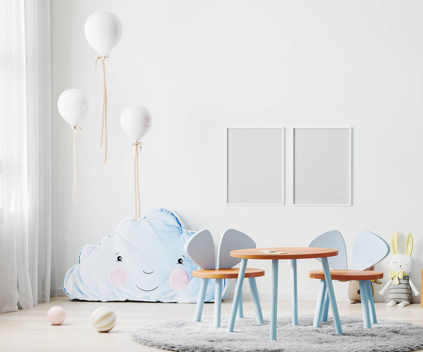 Los marcos se burlan en el interior de la habitación de los niños en tonos azules claros con la mesa y las sillas de los niños, juguetes suaves y globos, representación 3d - Foto, Imagen