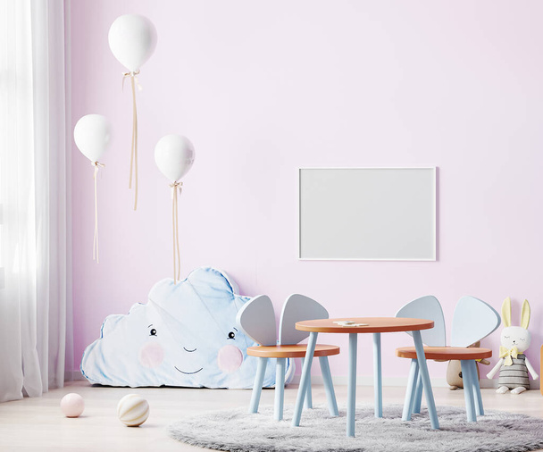 Marco horizontal se burlan en el interior de la habitación de los niños en tonos rosa claro con mesa y sillas para niños, juguetes suaves y globos, representación 3d - Foto, Imagen