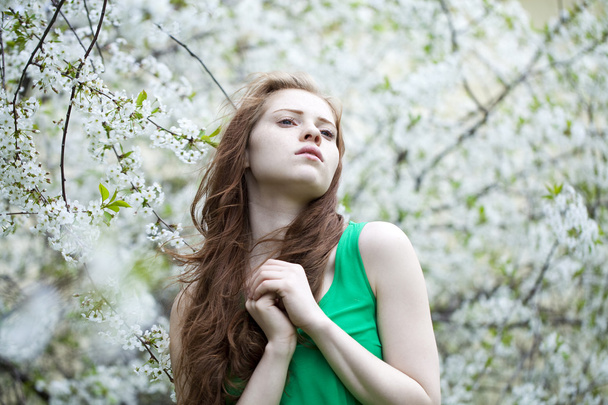 Beautiful young girl standing near blooming trees in spring gard - Valokuva, kuva
