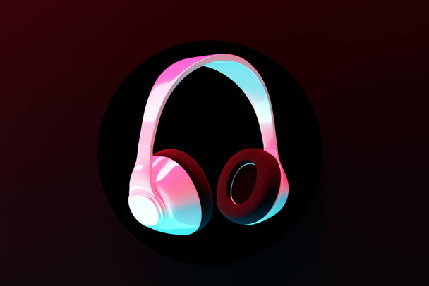 Ilustração 3d fones de ouvido sem fio brancos realistas isolados em fundo preto sob luz de néon rosa e azul. Fones de ouvido de música sonora. Tecnologia de áudio. Headphones modernos - Foto, Imagem