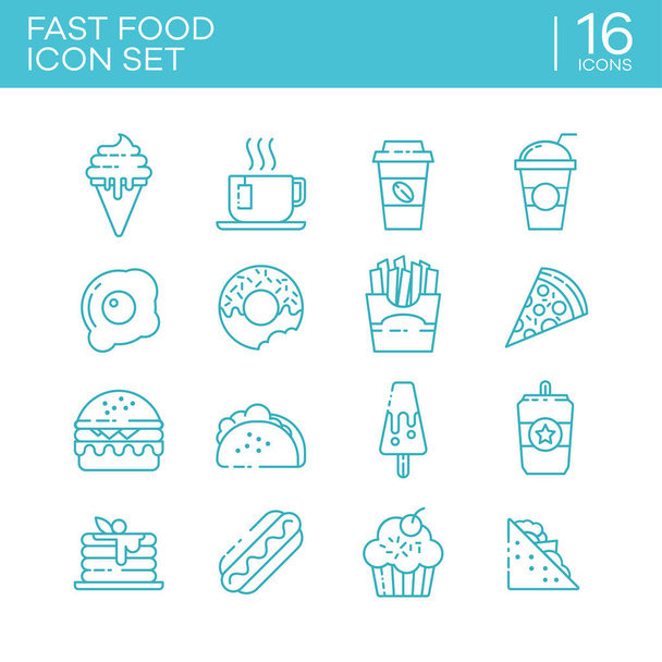Soubor osnovy ikon různých typů fast foodů. Vhodné pro designový prvek z jídelního lístku kavárny, rychlého občerstvení a propagačního produktu restaurace. - Vektor, obrázek