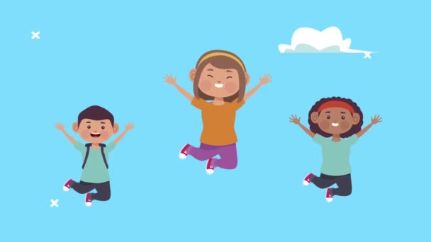 interracial étudiants enfants sautant personnages - Séquence, vidéo