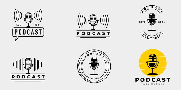 collezione podcast azienda vintage distintivo logo modello vettoriale illustrazione design. semplice microfono hipster, radio, musica, on air logo concept - Vettoriali, immagini