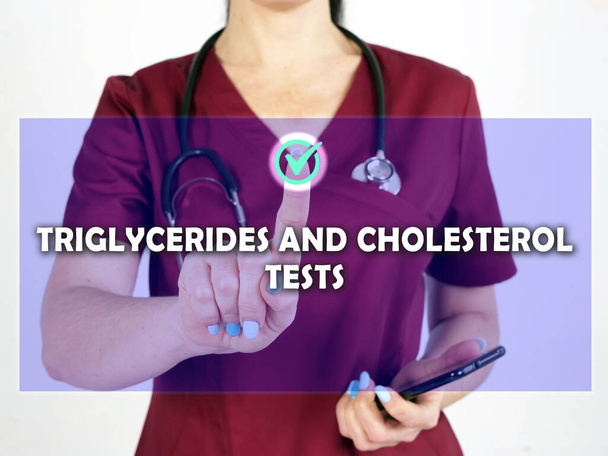  TRIGLYCERIDES AND CHOLESTEROL TESTS inscription on the screen. Close up Doctor hands holding black smart phone - Photo, Image