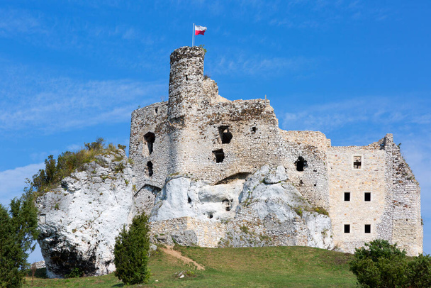 Mirow, Polska - 16 września 2020: Średniowieczny gotycki zamek Mirow położony na Wyżynie Jurajskiej - Zdjęcie, obraz