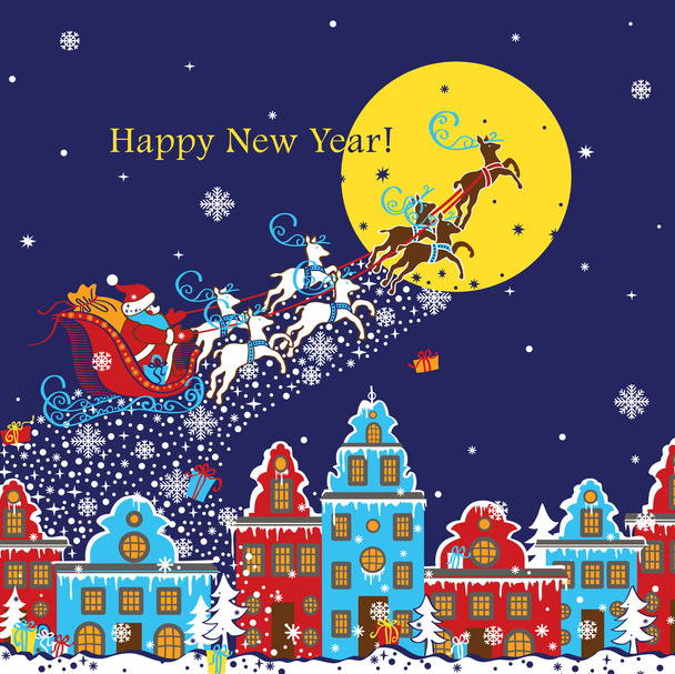 New Year greeting card.Santa Claus coming to City - Fotografie, Obrázek
