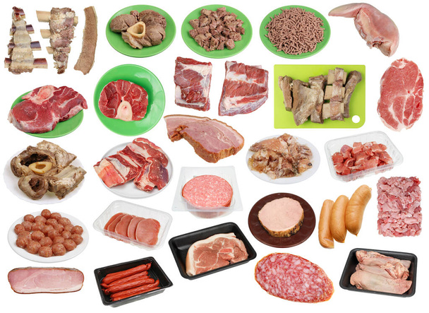 Marha- és sertéshús különböző változatokban. Fehér alapon elszigetelve - Fotó, kép