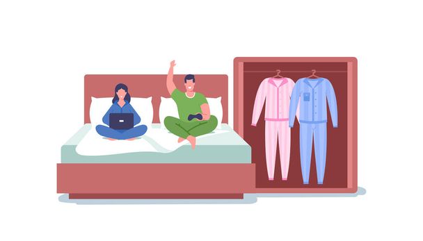 Familia Pareja Sentado en la cama con el ordenador portátil y la estación de juego Joystick pasar tiempo juntos. Personajes con ropa de hogar - Vector, imagen