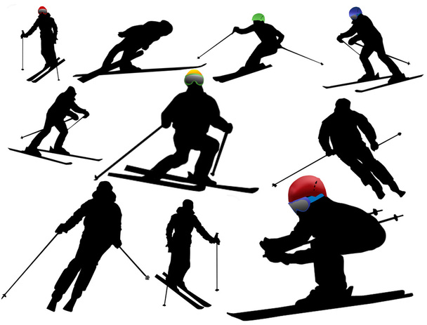 Collezione vettoriale di silhouette isolate di sci alpino su fondo bianco
 - Vettoriali, immagini
