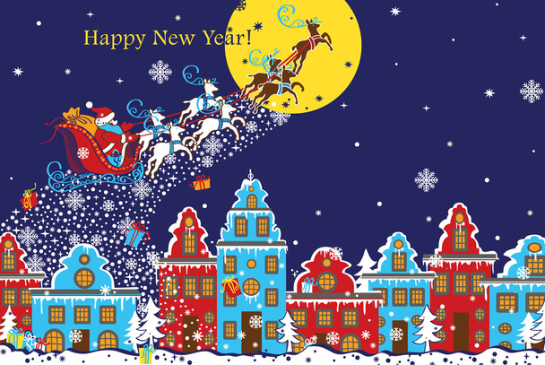 New Year horizontal greeting card.Santa Claus coming to City.Vec - Fotografie, Obrázek