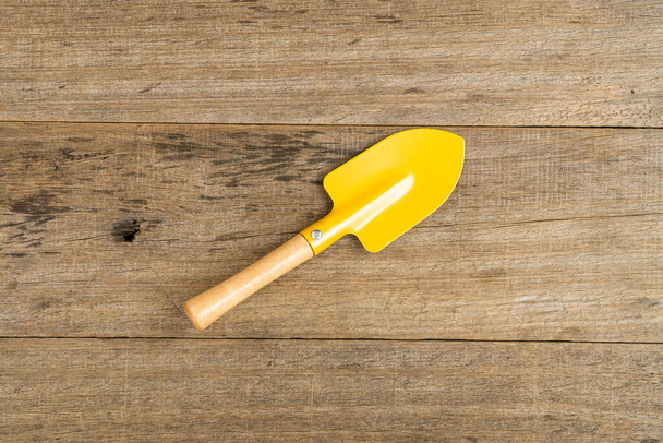 A shovel on a wooden board background. Flat lay. - Photo, Image