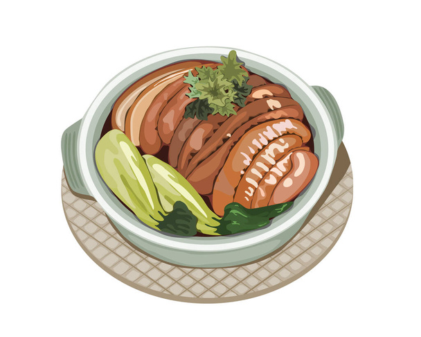 白い背景に粘土鍋で煮込み豚肉。孤立したアジア料理のベクトル図。手描きを閉じる.  - ベクター画像