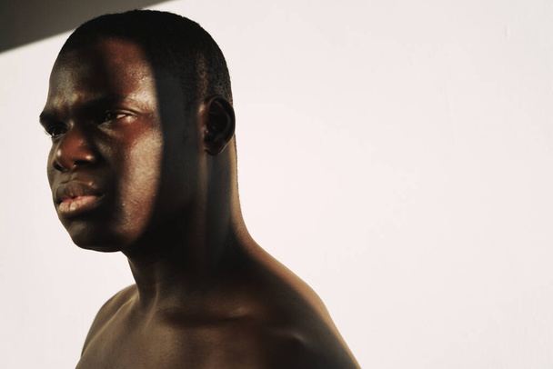 portrait of a man of African appearance on a light background side view Copy Space - 写真・画像