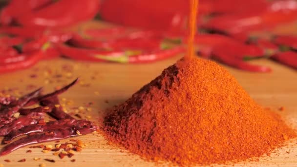 Paahdettu punainen chili jauhe putoaa puupöydälle intialaiset mausteet. Lähikuva laukaus valikoituja kuuma punainen chili / pippuri / Lal mirchi jauhe sijoitetaan kauniisti yhteen mausteinen mauste - Materiaali, video