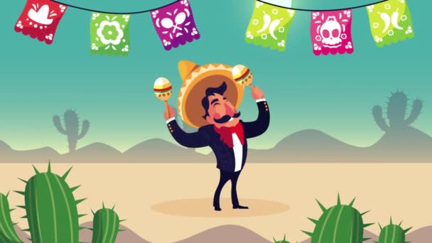mariachi mexicano jugando a las maracas en el personaje del desierto - Imágenes, Vídeo