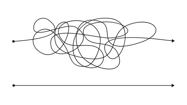 Simples certo e complexo caminho errado com linha confusa. Linhas pretas com um ponto de partida e uma seta no final isolada sobre fundo branco. Ilustração vetorial - Vetor, Imagem