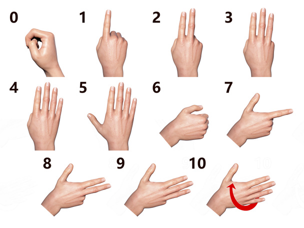 Британська, австралійська та новозеландська мова жестів (BANZSL) позначення чисел від 0 до 10, 3D ілюстрація - Фото, зображення