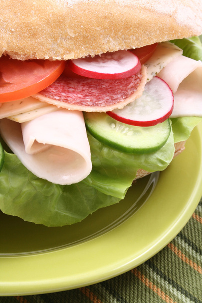 Nahaufnahmen von leckerem Sandwich mit Käse-Schinken und Gemüse - Foto, Bild