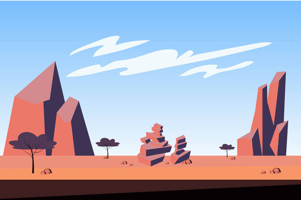 Mountains at desert landscape background in flat cartoon style. Trees, dry grass, sparse vegetation, rocky peaks and stones at wilderness. Abstract nature scenery. Vector illustration of web banner - Vector, Image
