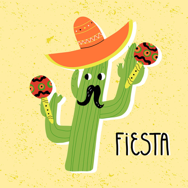 Cactus man character with mustaches in a sombrero hat plays maracas. Fiesta or party on Spanish hand lettering. - Vector, Imagen