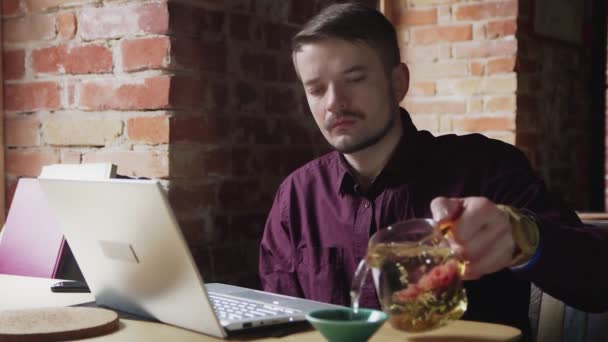 Attraente giovane uomo versa e beve tè e poi - lavorando sul suo computer portatile al caffè. - Filmati, video