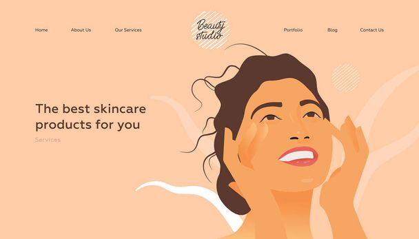 Best Skincare Products For You. Services. Beauty Studio Landing Page Design Template. Website Banner. Female with Natural Makeup and Healthy Skin Portrait Touching Her Face on Abstract Background.  - Vector, Image