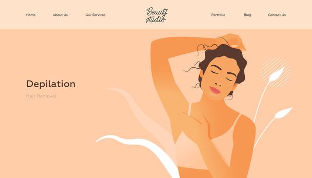 Depilation. Hair Removal. Beauty Studio Landing Page Design Template. Website Banner. Female with Healthy Skin Portrait Shows on her Armpit on Abstract Beige Background. - Vector, Image