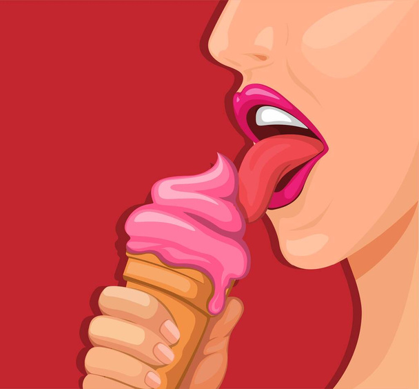 Девушка рот едят мороженое конус символа концепции мультфильм иллюстрации вектор  - Вектор,изображение