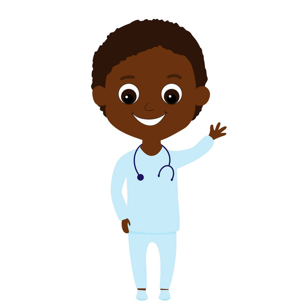 医者の服を着た幸せなアフリカ系アメリカ人やアフリカ人の少年がこんにちは手を振る。子供のスタイルで子供のための医療テーマのイラストのためのキュートでフレンドリーな子供。子供のための職業の種類のイラスト. - ベクター画像