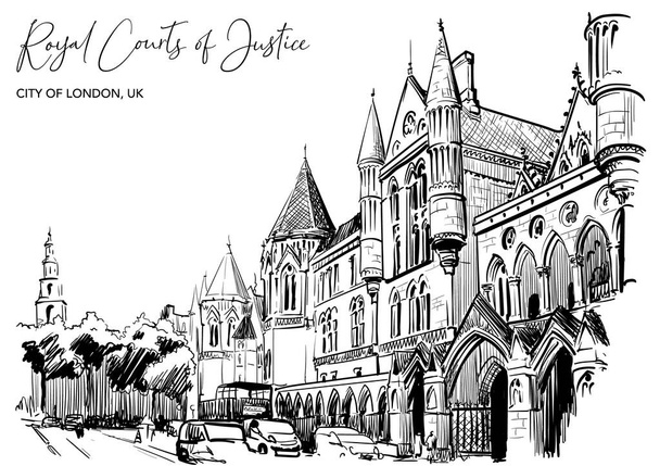 The Royal Courts of Justice a main court for England and Wales. Black and white - Vector, Image
