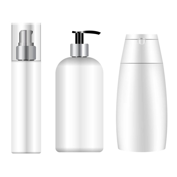 白い化粧品ボトルのモックアップ。化粧品のパッケージは空白です。ボディジェル、美容クリーム、バス衛生のための化粧品包装の3Dベクトルテンプレート。液体泡ポンプボトル、現実的なデザイン - ベクター画像