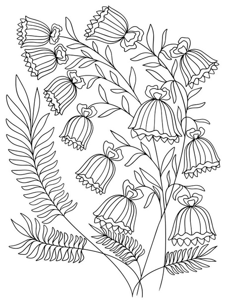 Blumen Strauß Glocken Färbung Pflanze Grafiken Vektor Umriss Abbildung isoliert auf weißem Hintergrund Doodle Skizze Buchseite für Kinder und Erwachsene Anti-Stress - Vektor, Bild