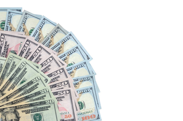 Фанати різних доларів - 100, 50, 20 банкнот ізольовані на білому тлі. Фінанси та бізнес-концепція. вільний простір для тексту
 - Фото, зображення