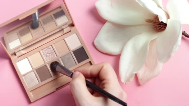 A palette of beige eyeshadows and professional brush on pink background. - Filmmaterial, Video